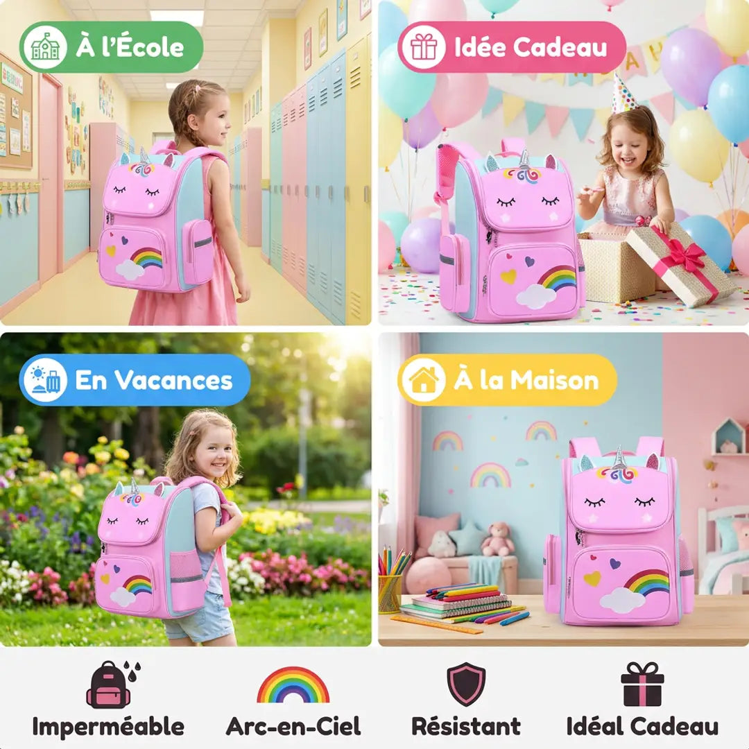 Cartable Licorne Fille – Sac à Dos Arc-en-Ciel Rose — Grid 4 Contextes